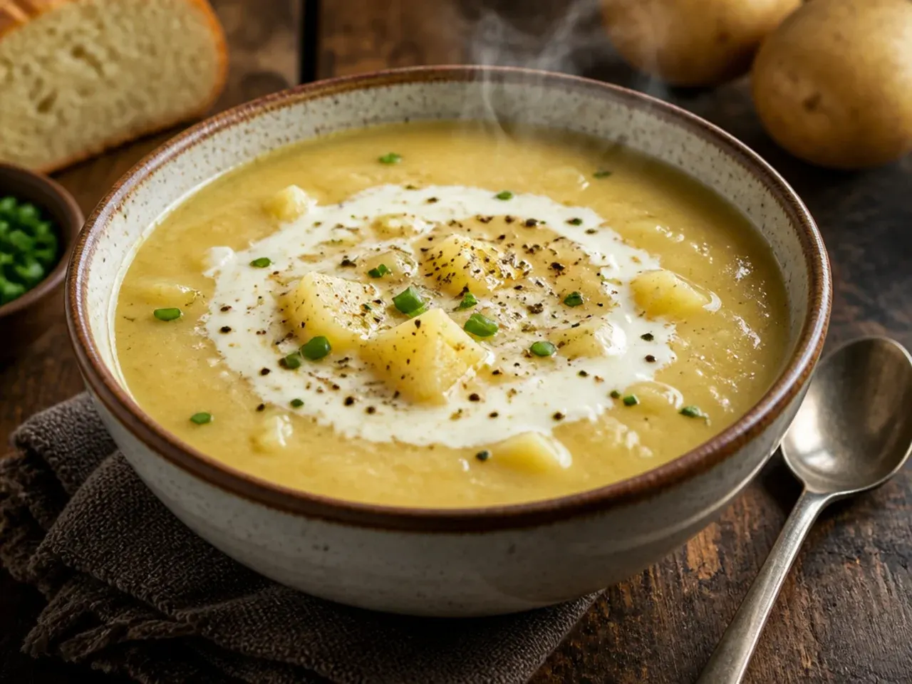 Vegan crockpot potato soup made with coconut milk and nutritional yeast, dairy-free