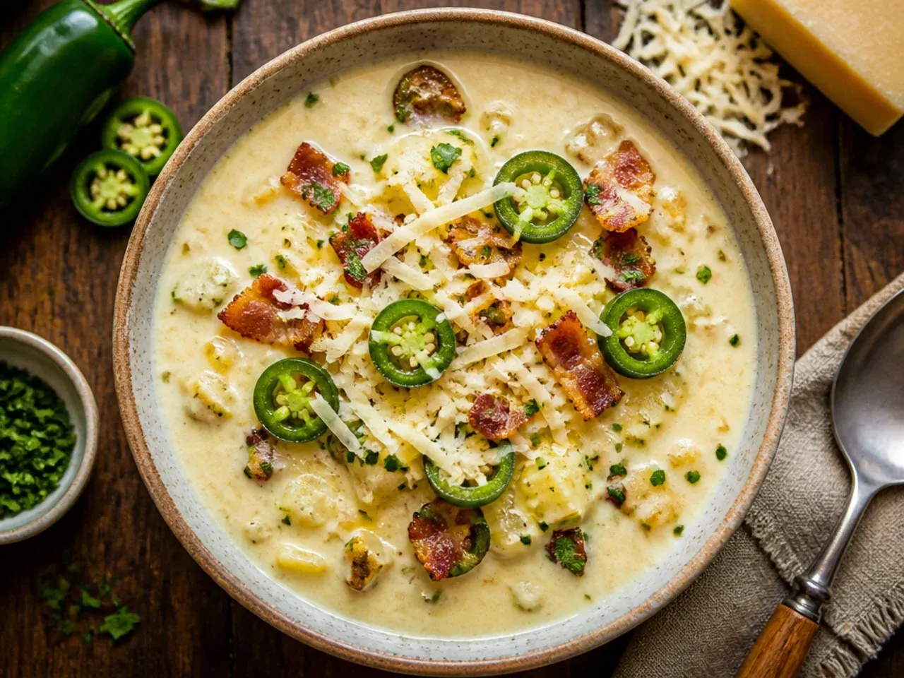 Spicy jalapeño popper potato soup topped with bacon and sliced jalapeños