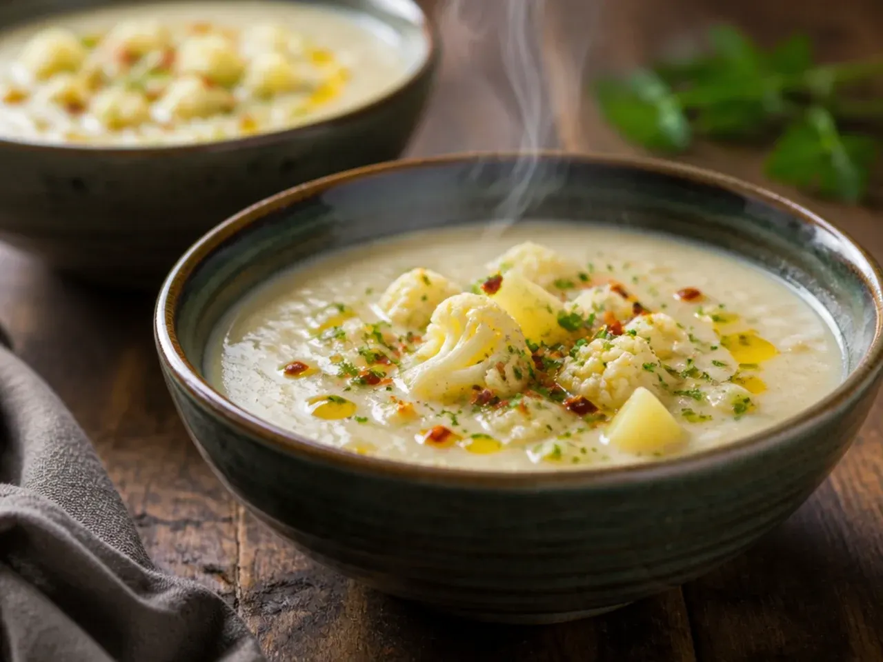 Cauliflower and potato soup blended smooth, served in a white bowl