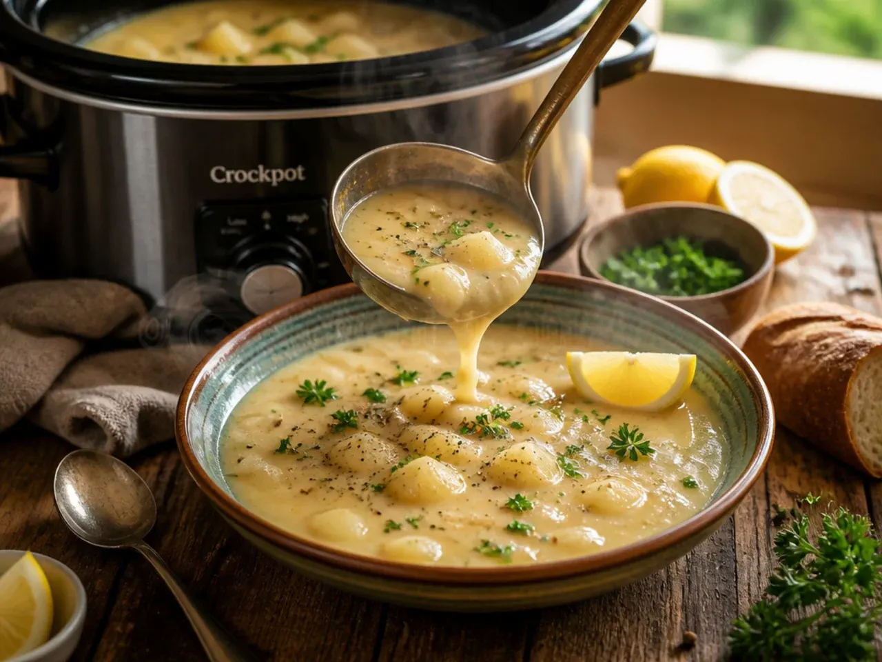 Five-ingredient budget crockpot potato soup in a simple bowl