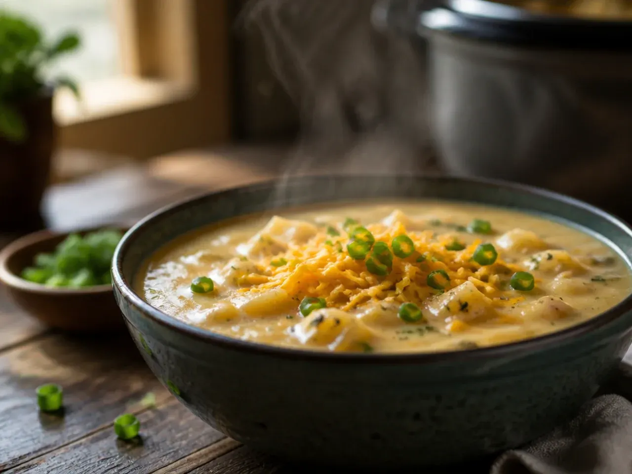 Gluten-free crockpot potato soup thickened with cornstarch, served with gluten-free bread