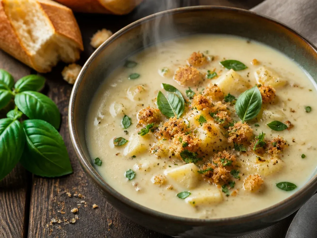 Ultimate comfort crockpot potato soup fully loaded with bacon, cheese, and herbs