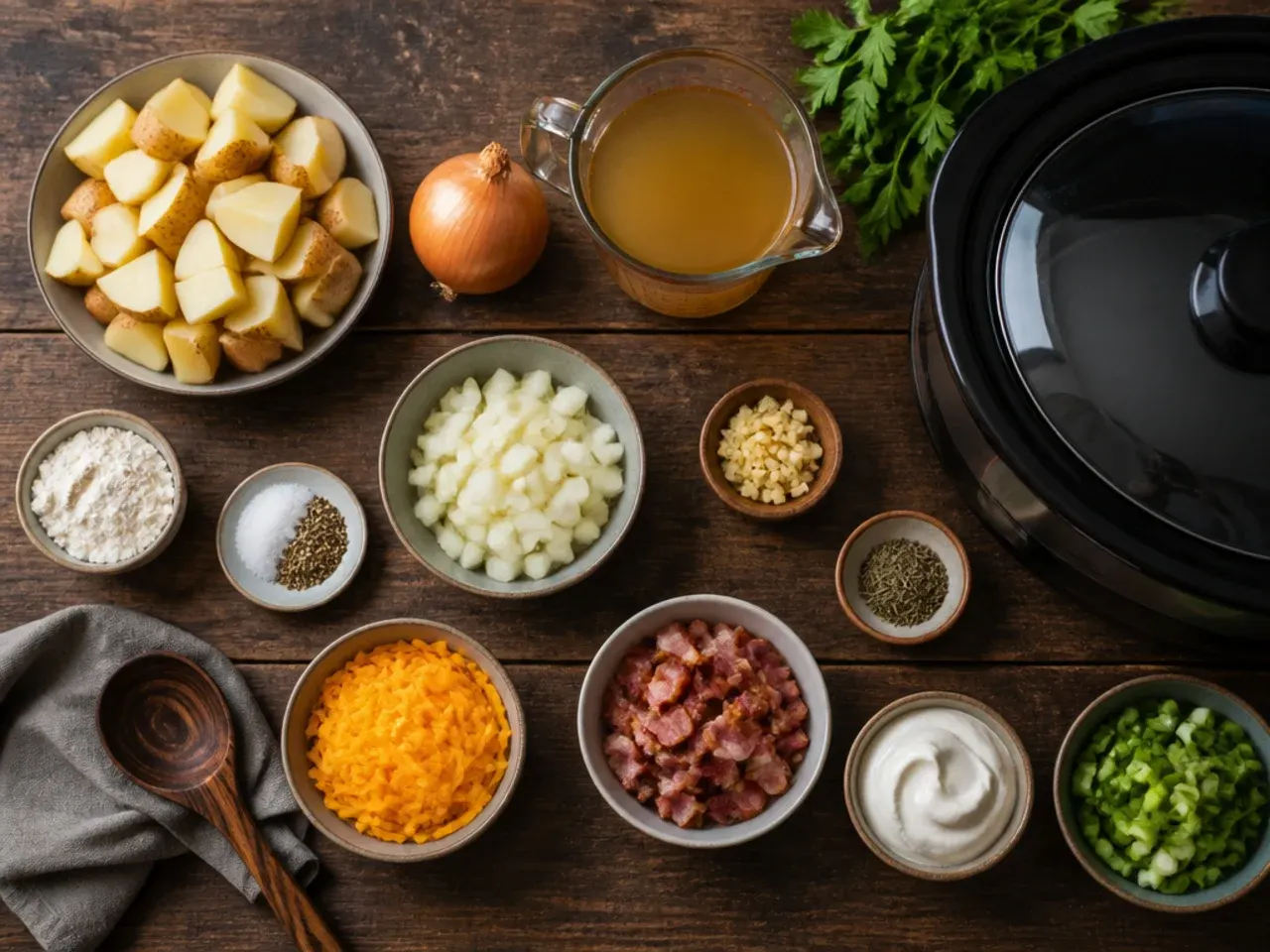 Close-up of hands mashing potatoes in a crockpot with a potato masher