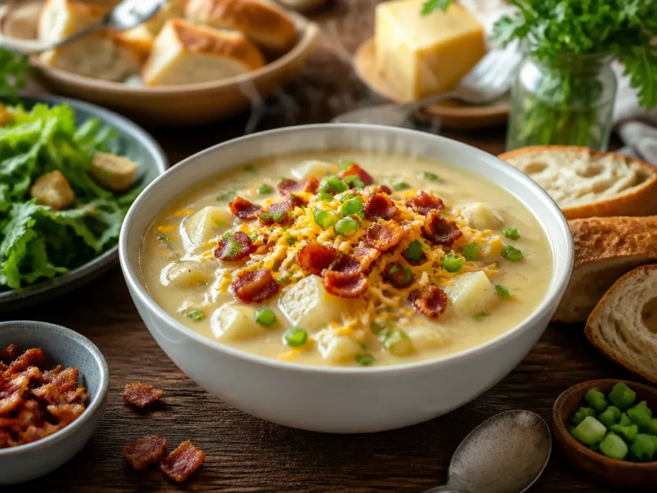 Table set with bowls of crockpot potato soup, crusty bread, and toppings on the side