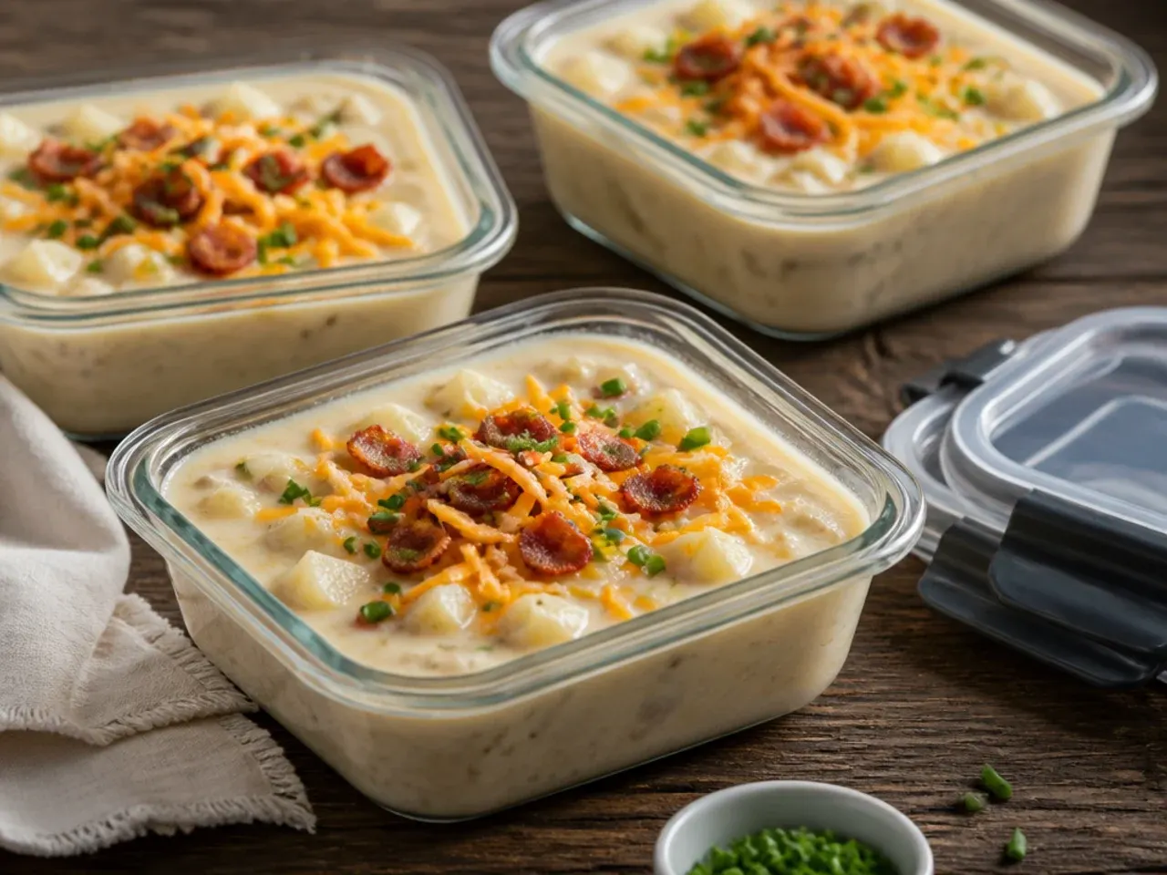 Airtight container of leftover crockpot potato soup being stored in the fridge