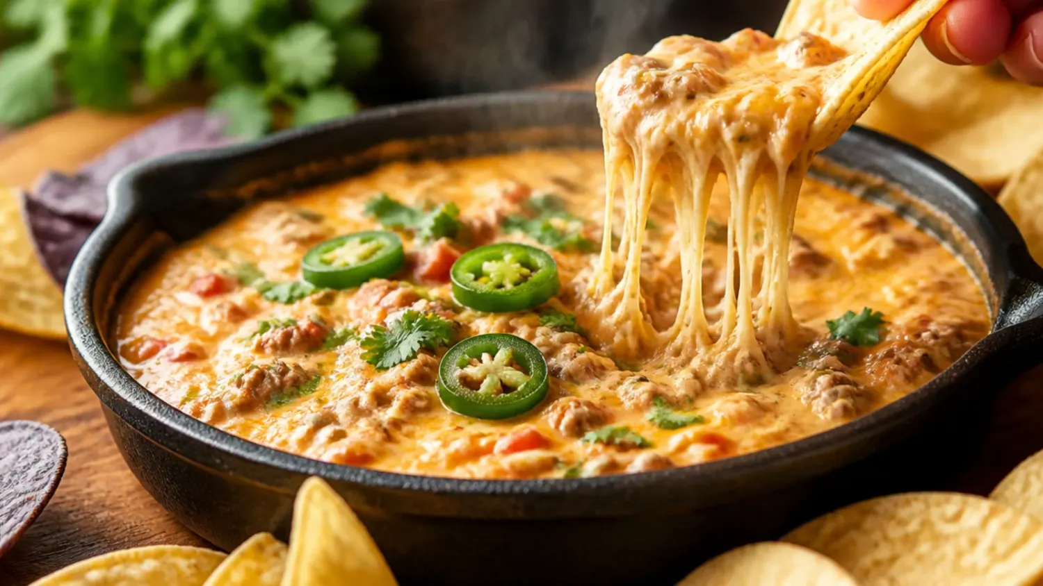 A slow cooker filled with melted, bubbling crockpot rotel dip topped with sliced spring onions, with tortilla chips arranged around the base for dipping