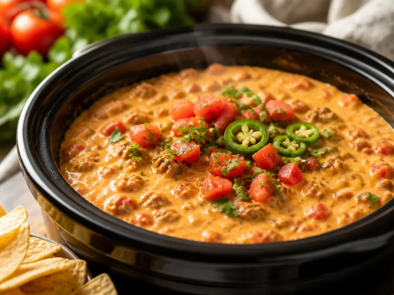 Overhead shot of ingredients for crockpot rotel dip laid out on a counter, including a block of Velveeta cheese, a tin of Rotel tomatoes and green chillies, and cream cheese