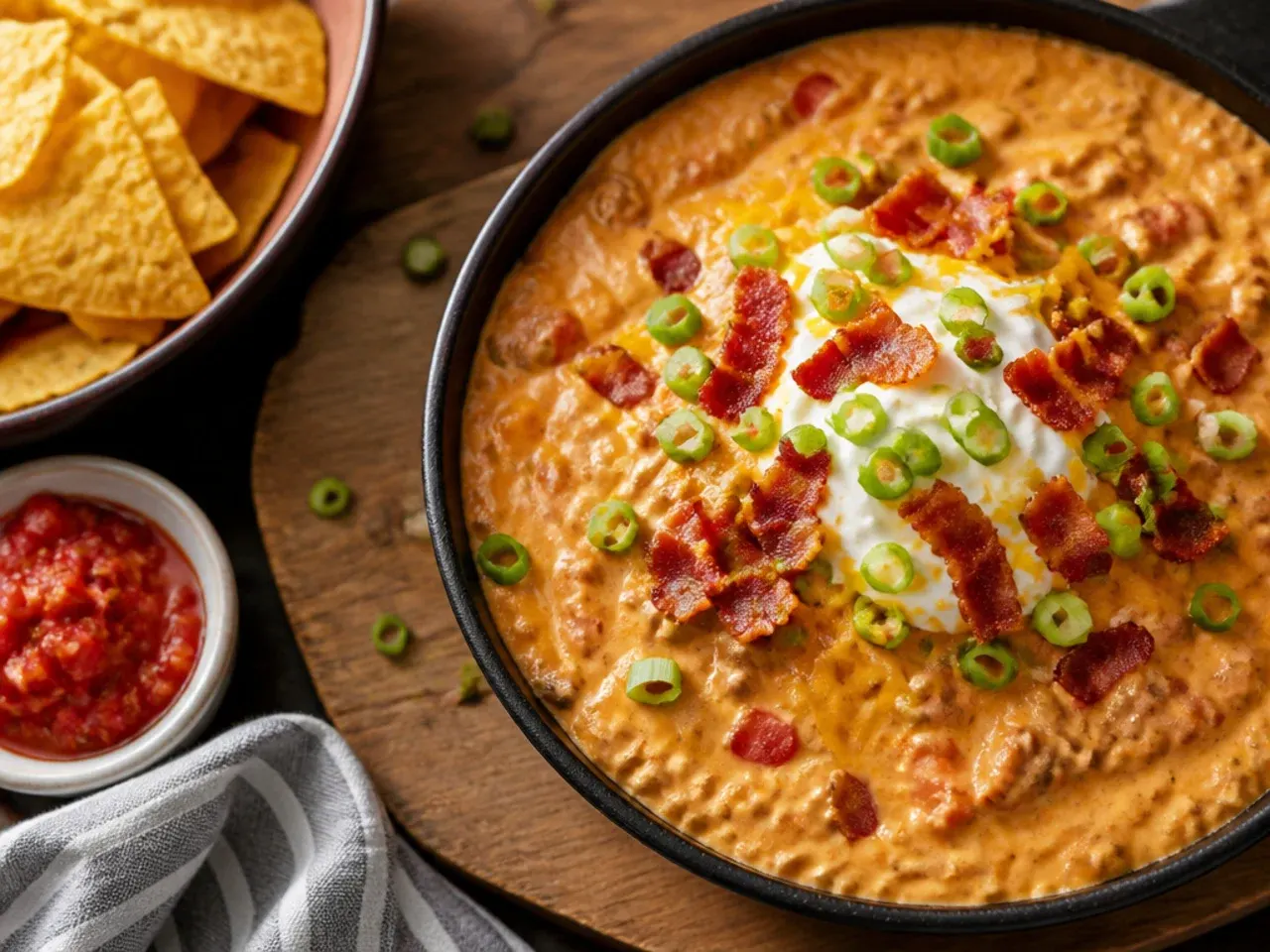 A loaded crockpot rotel dip with visible beef, sausage and black beans mixed through melted cheese