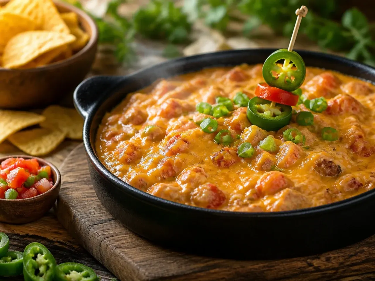 Taco-seasoned beef and sausage being stirred into a crockpot of melted cheese and Rotel tomatoes