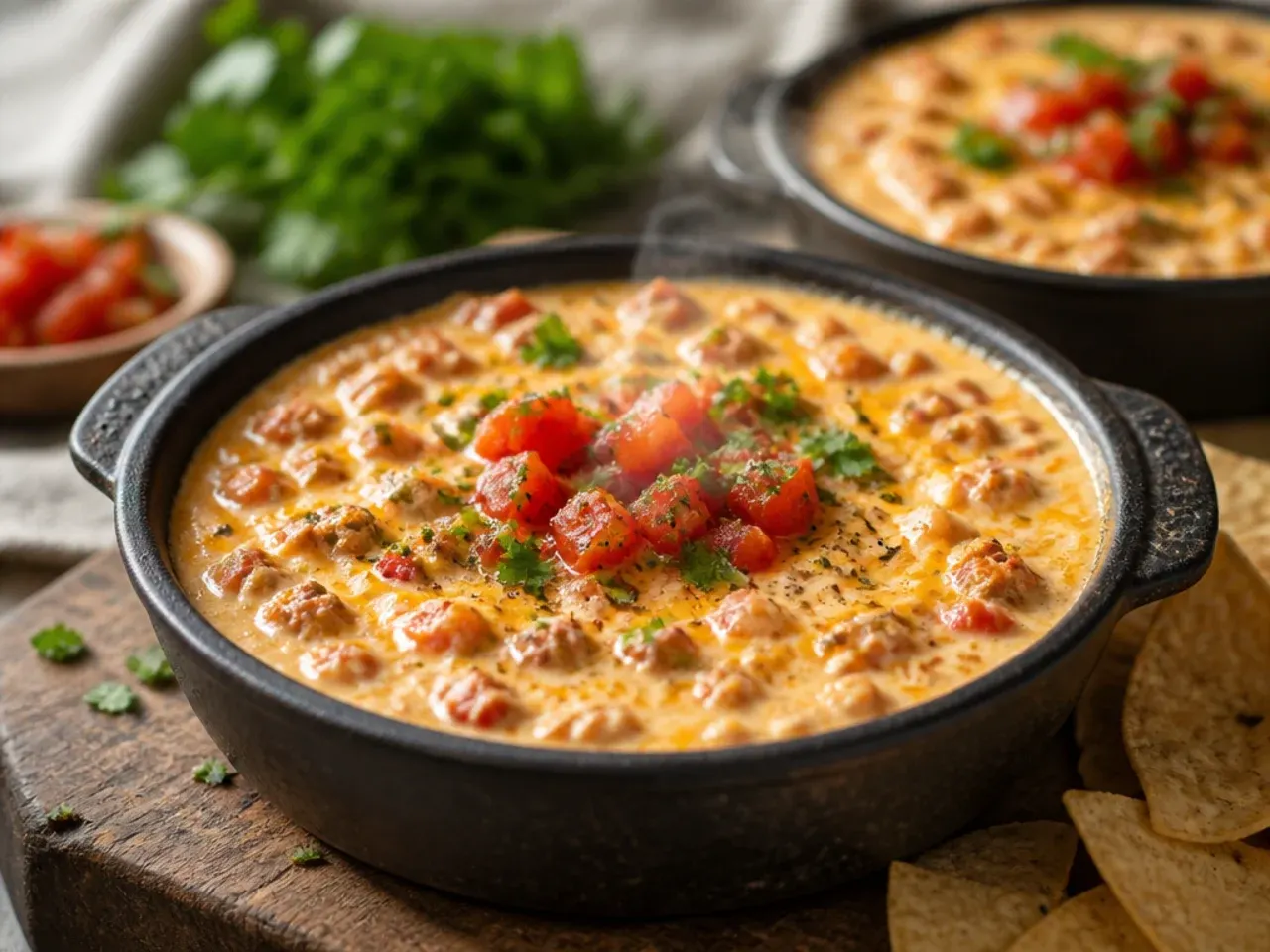 A large 6-litre slow cooker filled with a doubled batch of crockpot rotel dip for a party crowd