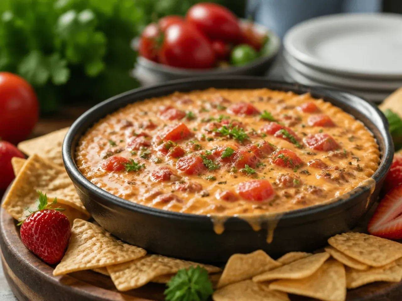 A mild, kid-friendly crockpot rotel dip with diced bell peppers served with plain tortilla chips