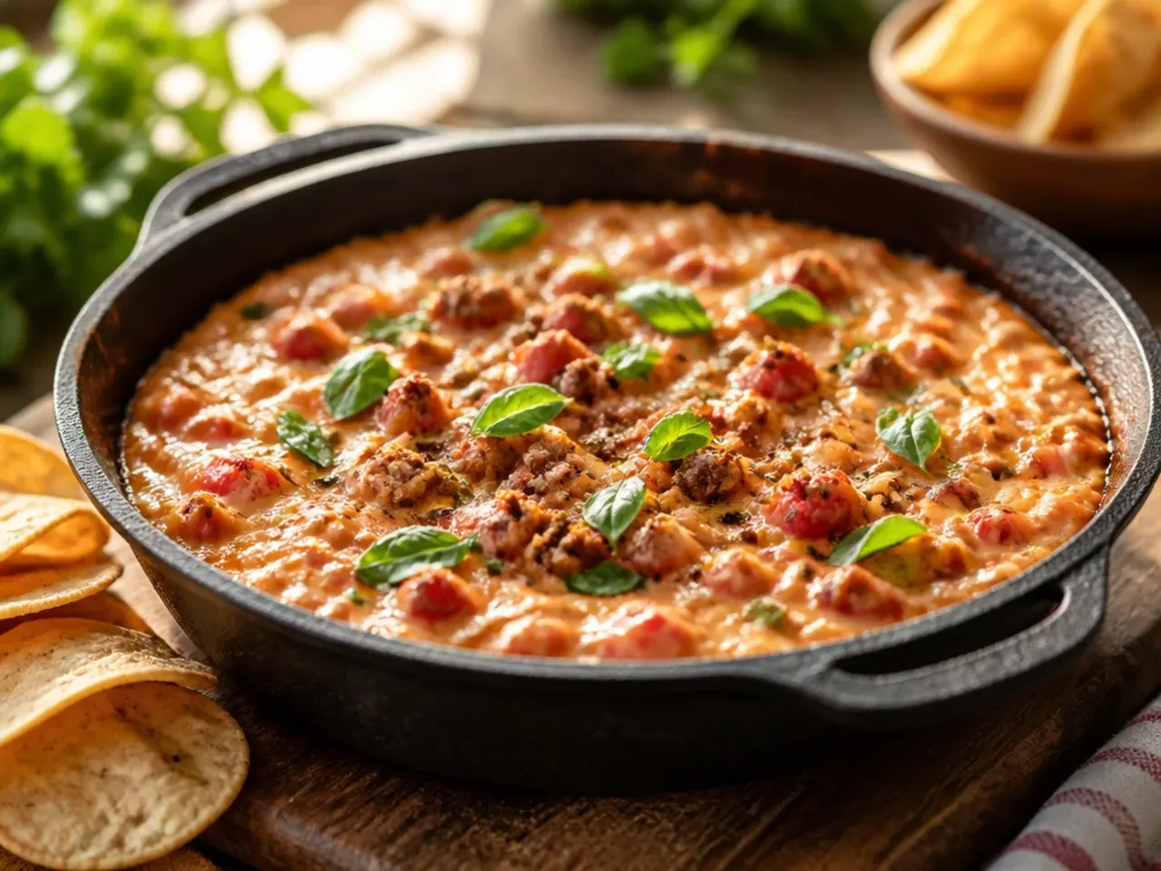 A festive crockpot rotel dip garnished with chopped coriander and diced red pepper for a holiday party table
