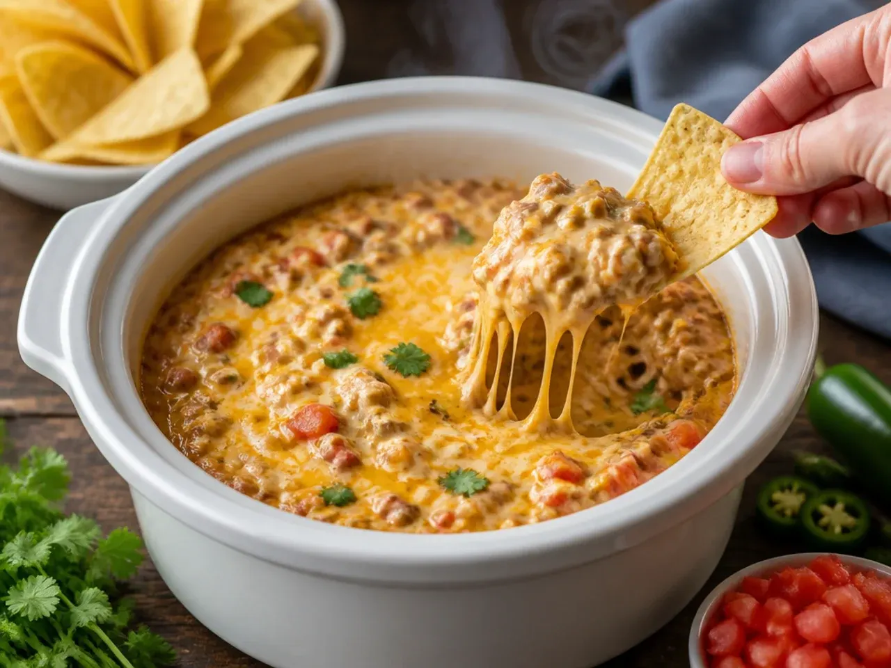 A bowl of tortilla chips arranged around a warm crockpot of rotel dip garnished with sliced spring onions