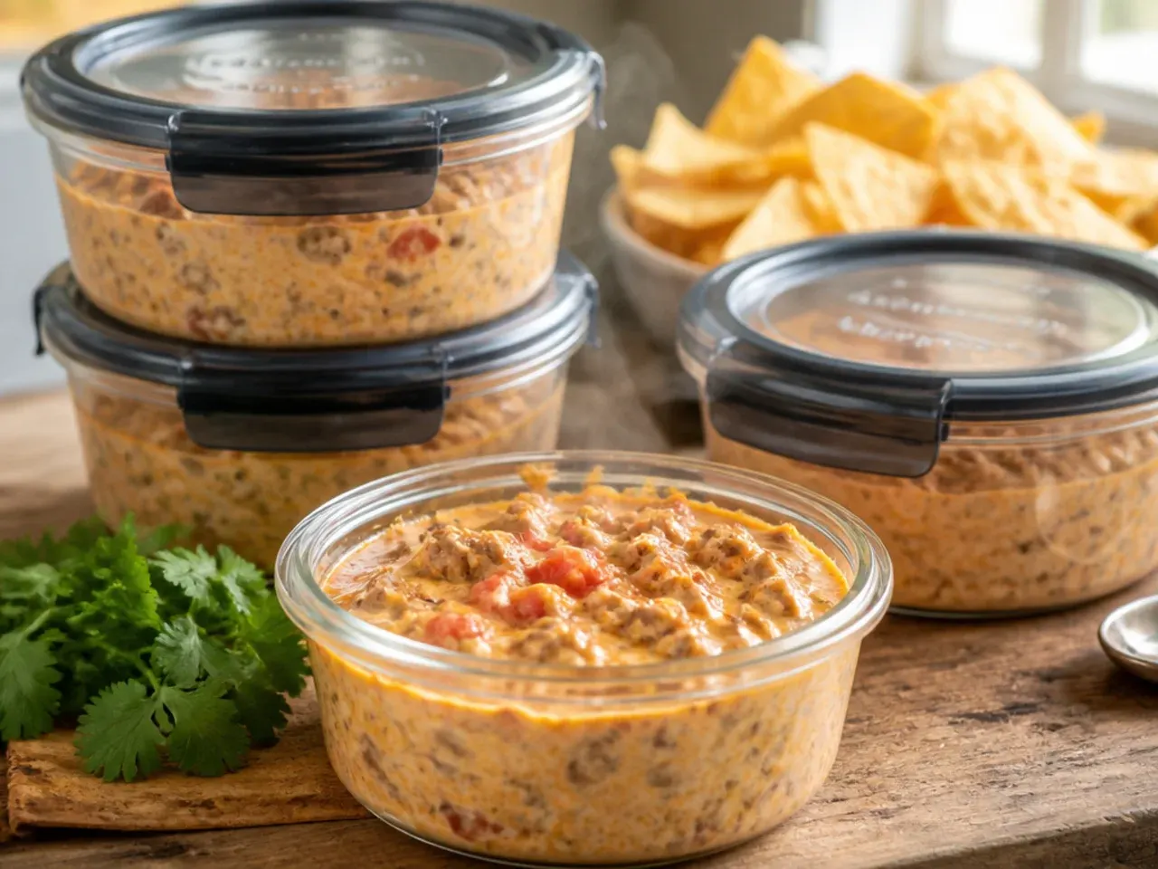 Leftover crockpot rotel dip stored in an airtight container in the fridge