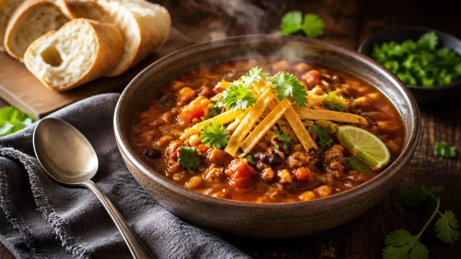 A steaming bowl of crockpot taco soup topped with melted cheddar, soured cream, crushed tortilla chips and fresh coriander