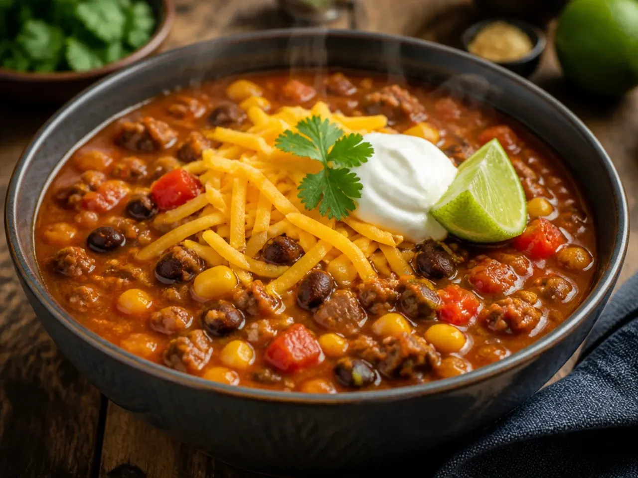 Overhead shot of a slow cooker filled with simmering taco soup, beans and sweetcorn