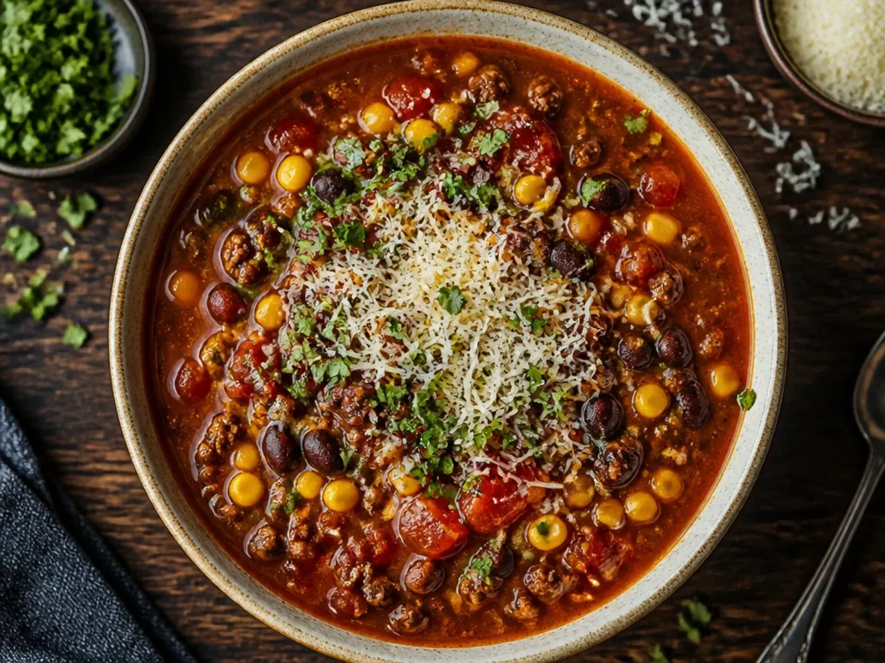Bowl of classic crockpot taco soup topped with shredded cheese and tortilla chips