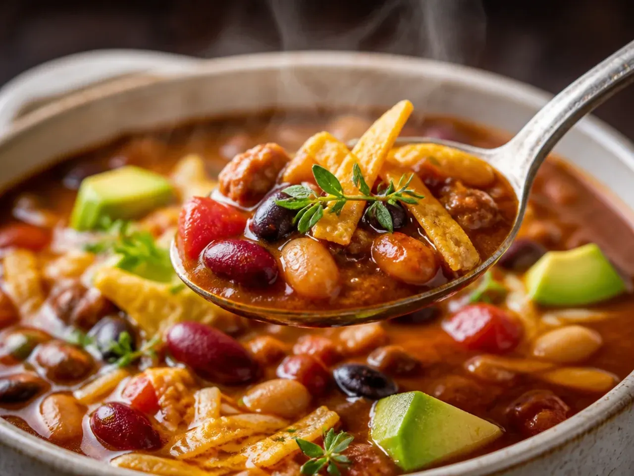Thick, hearty crockpot taco soup loaded with three kinds of bean