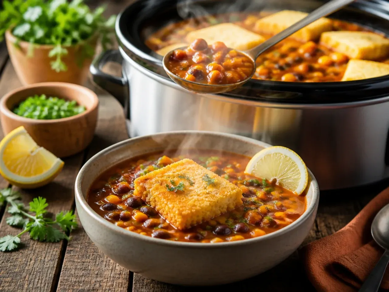 Bowl of crockpot taco soup served with a wedge of buttery cornbread