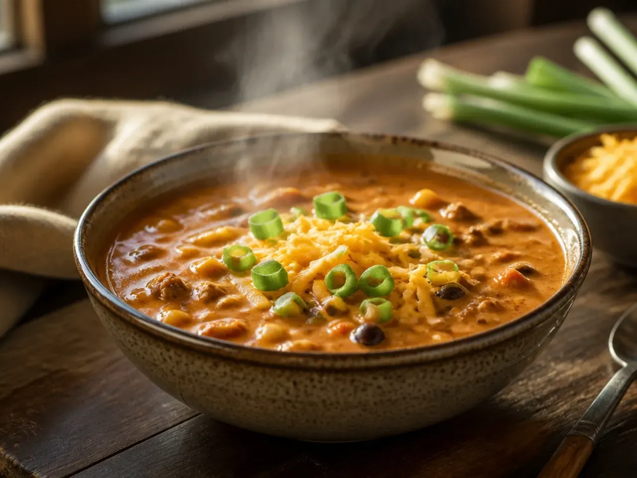Creamy crockpot taco soup with a swirl of melted cream cheese through the broth