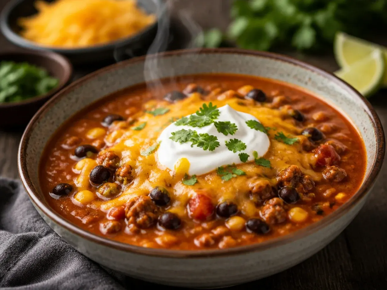 Cheesy crockpot taco soup with melted cheddar stirred through and more on top
