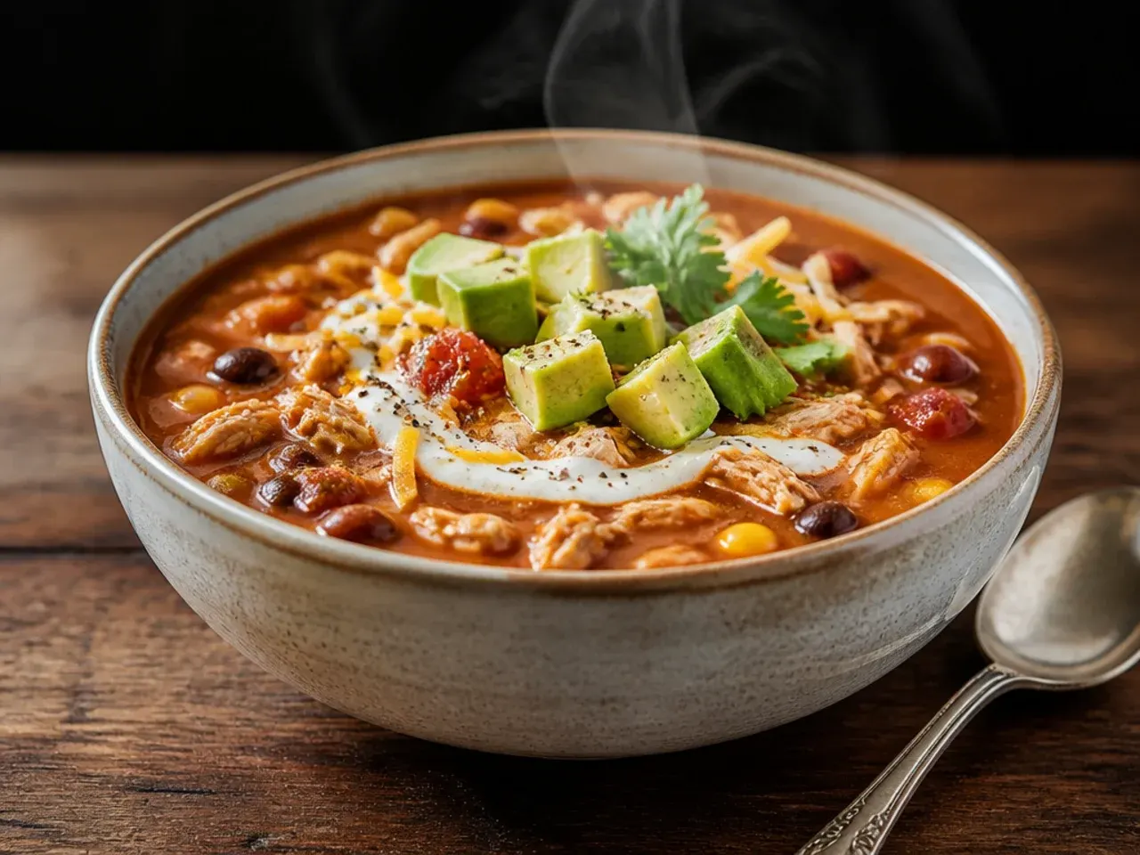 Comforting shredded chicken crockpot taco soup in a rustic bowl