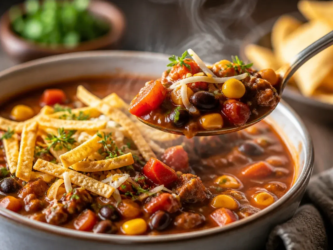 Rustic crockpot taco soup with chunky fire-roasted tomatoes