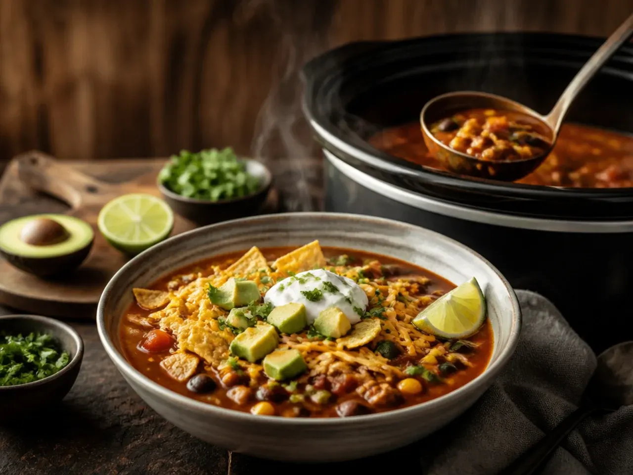 Loaded crockpot taco soup topped with nacho-style toppings