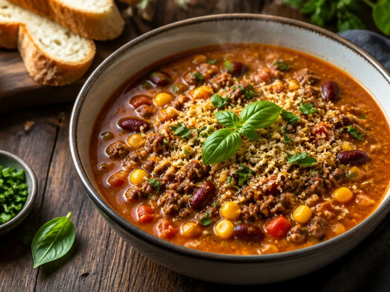 Bowl of best-ever ranch crockpot taco soup with a swirl of soured cream
