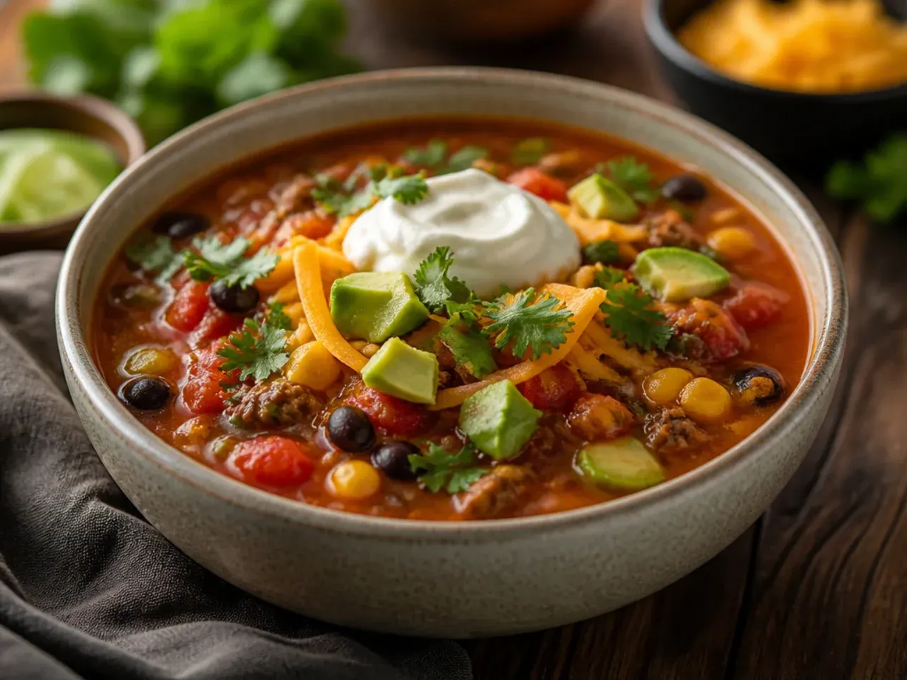 One-pot ground turkey crockpot taco soup ready to serve