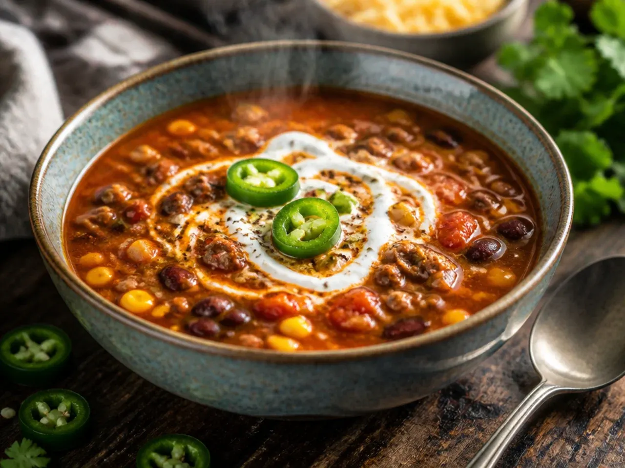 Spicy crockpot taco soup topped with fresh sliced jalapeños