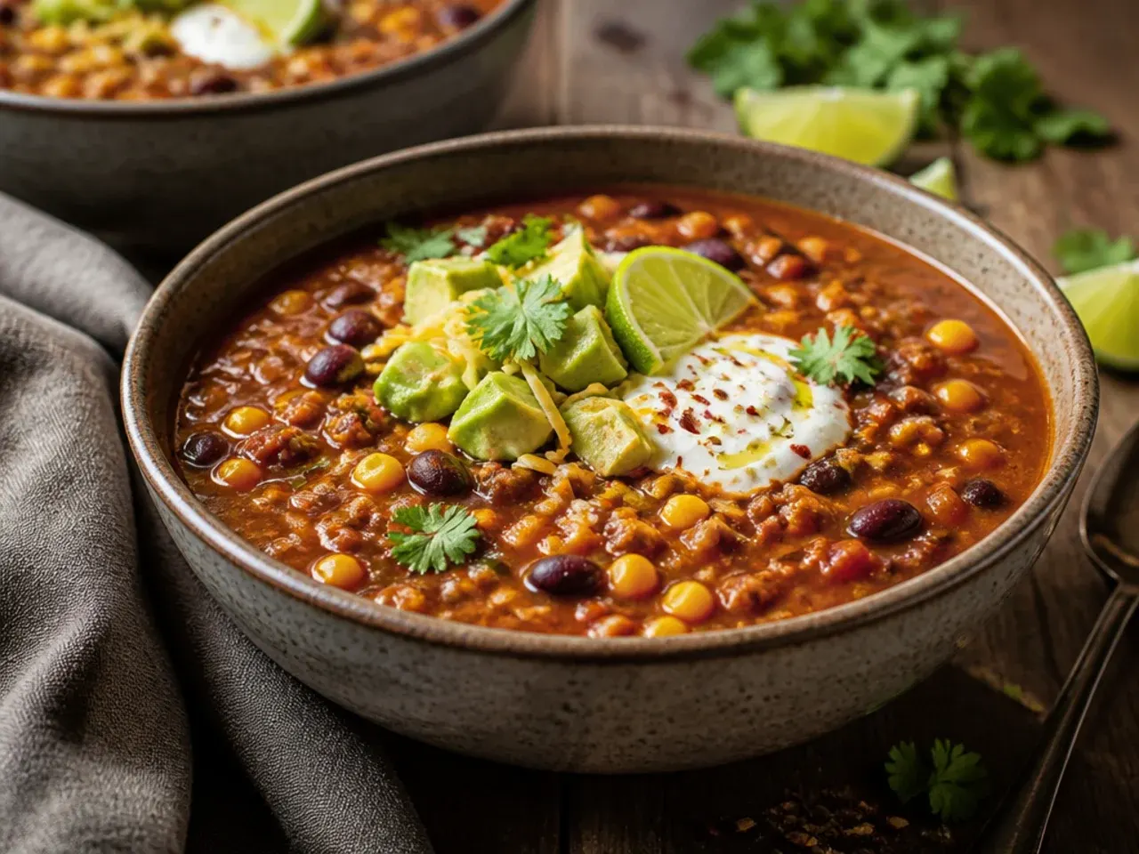 Smoky chipotle crockpot taco soup with a deep reddish-brown broth