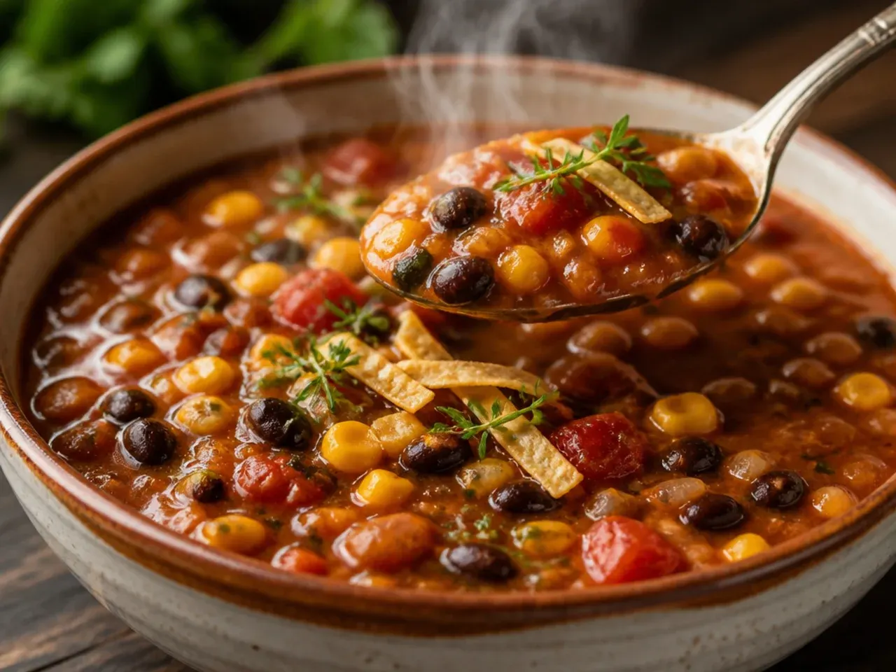 Vegetarian black bean crockpot taco soup topped with diced avocado