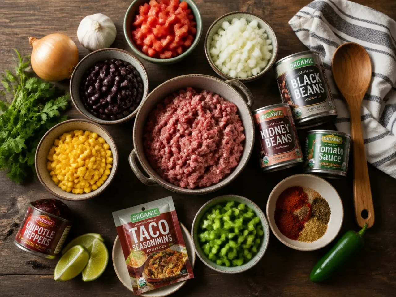 Close-up of a wooden spoon stirring a pot of crockpot taco soup