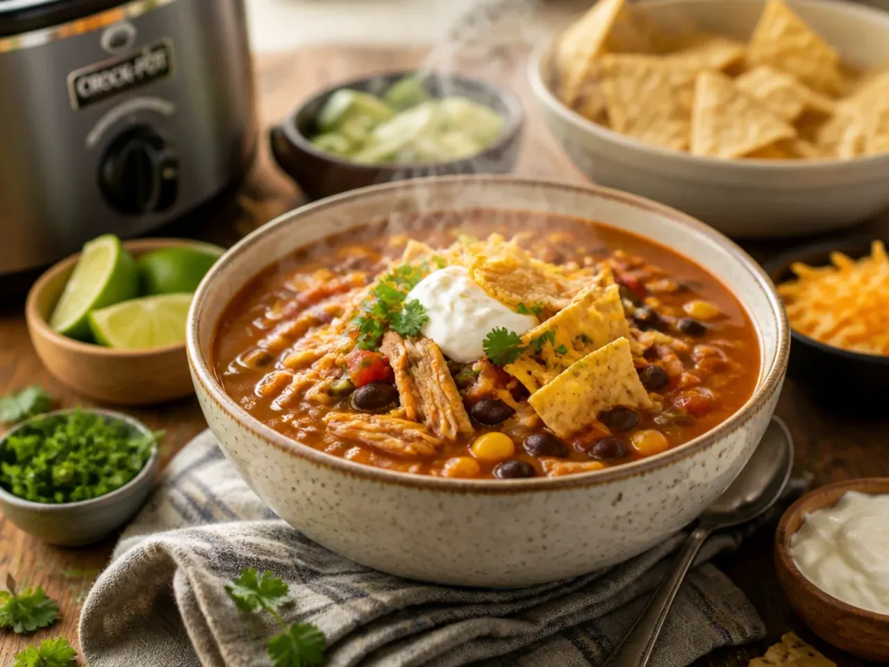 Bowl of crockpot taco soup served with warm flour tortillas and lime wedges