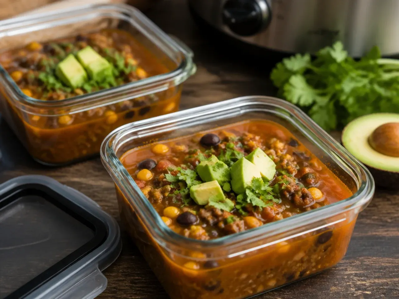 Container of leftover crockpot taco soup ready to be stored in the fridge