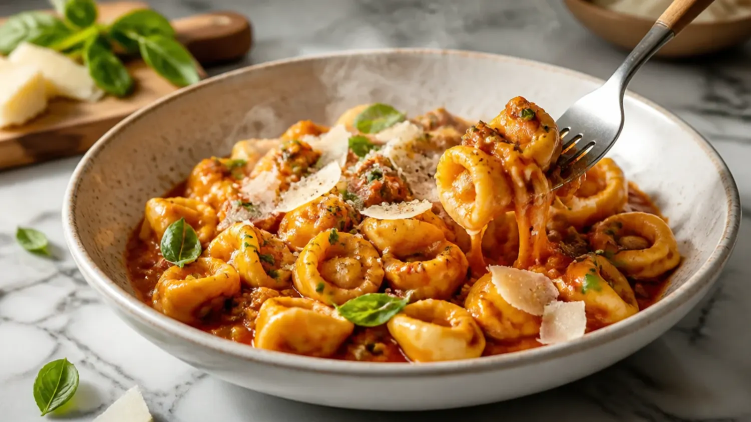 A crockpot filled with creamy tomato tortellini soup, sausage, and wilted spinach, ladled into a white bowl and topped with grated Parmesan