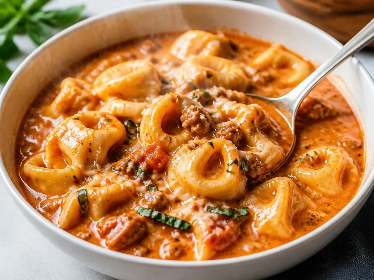 Overhead shot of a slow cooker crock filled with tortellini soup surrounded by fresh ingredients like tomatoes, garlic, and Parmesan