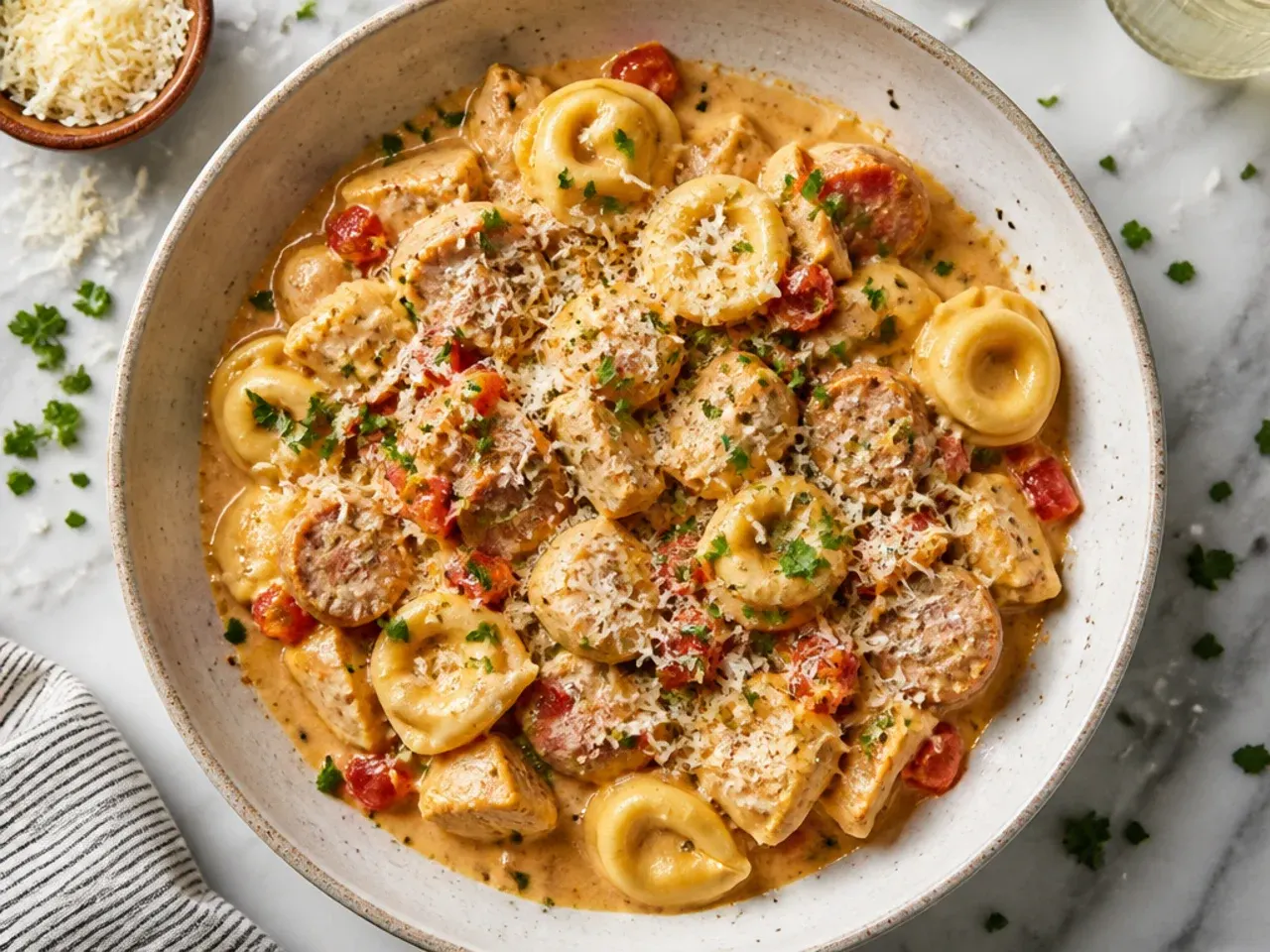 Bowl of classic crockpot tortellini soup with shredded chicken, sliced sausage, and tomato broth