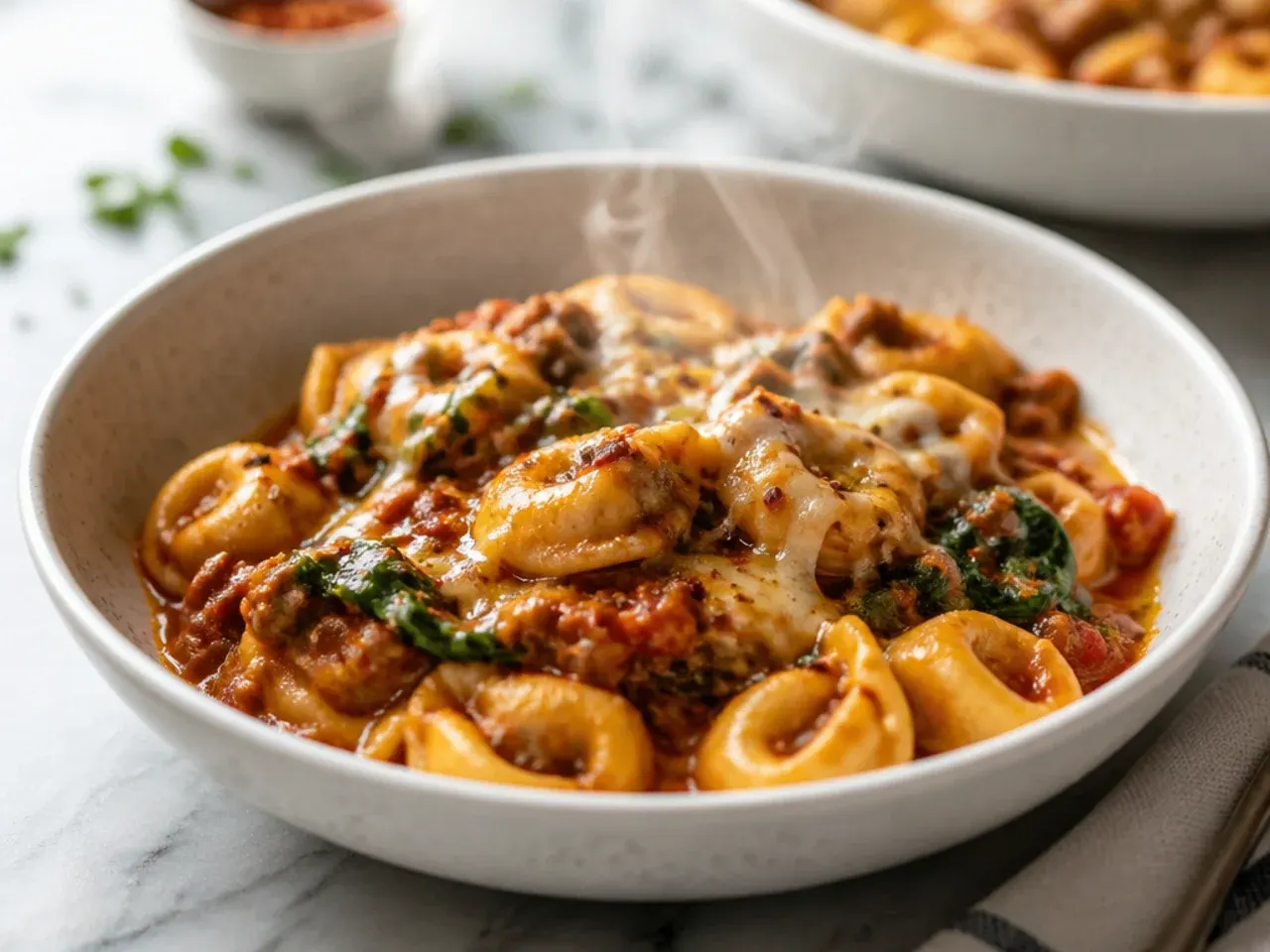 Frozen tortellini and meatballs being added to a slow cooker with marinara sauce