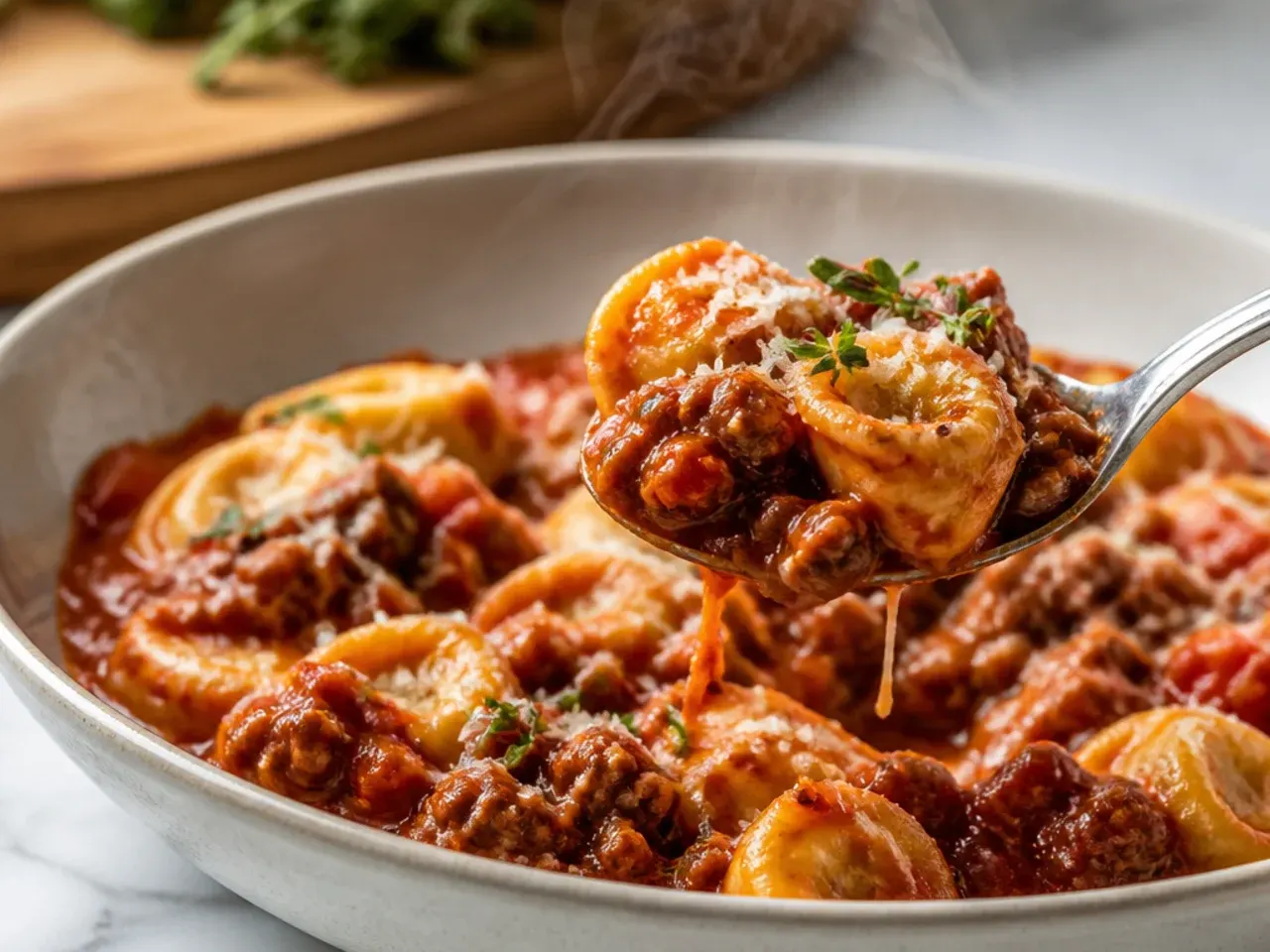 Close-up of hearty beef and marinara tortellini in a rich, thick red sauce