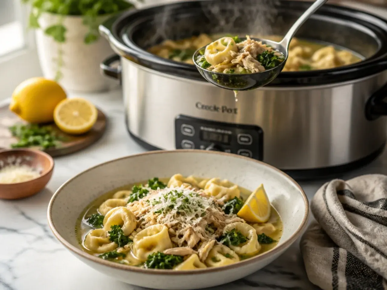 Crockpot tortellini soup with chicken, kale, and Parmesan rind visible in the broth