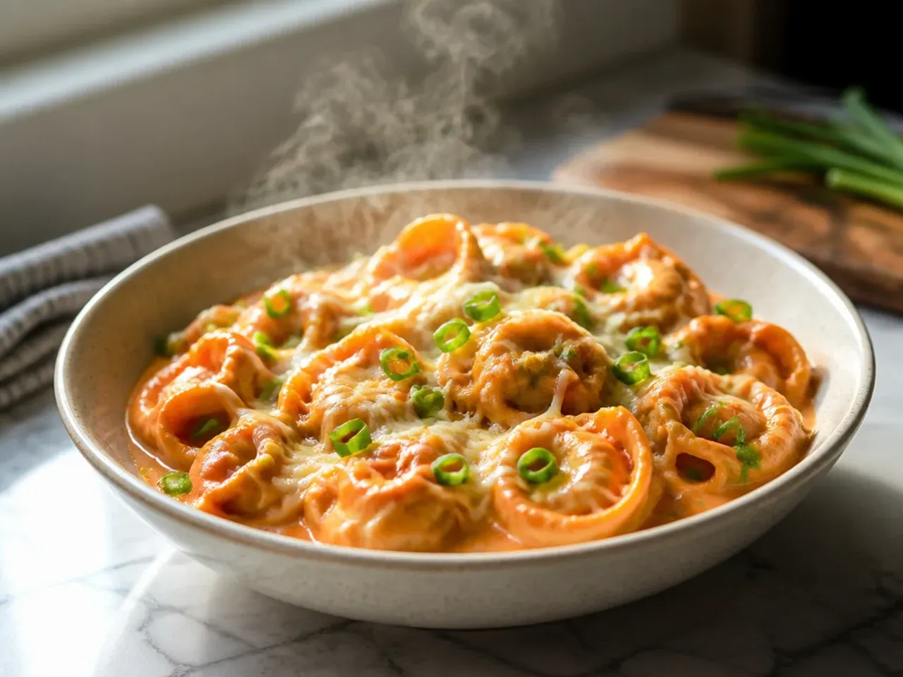 Ladle lifting creamy pink tomato tortellini soup from a slow cooker