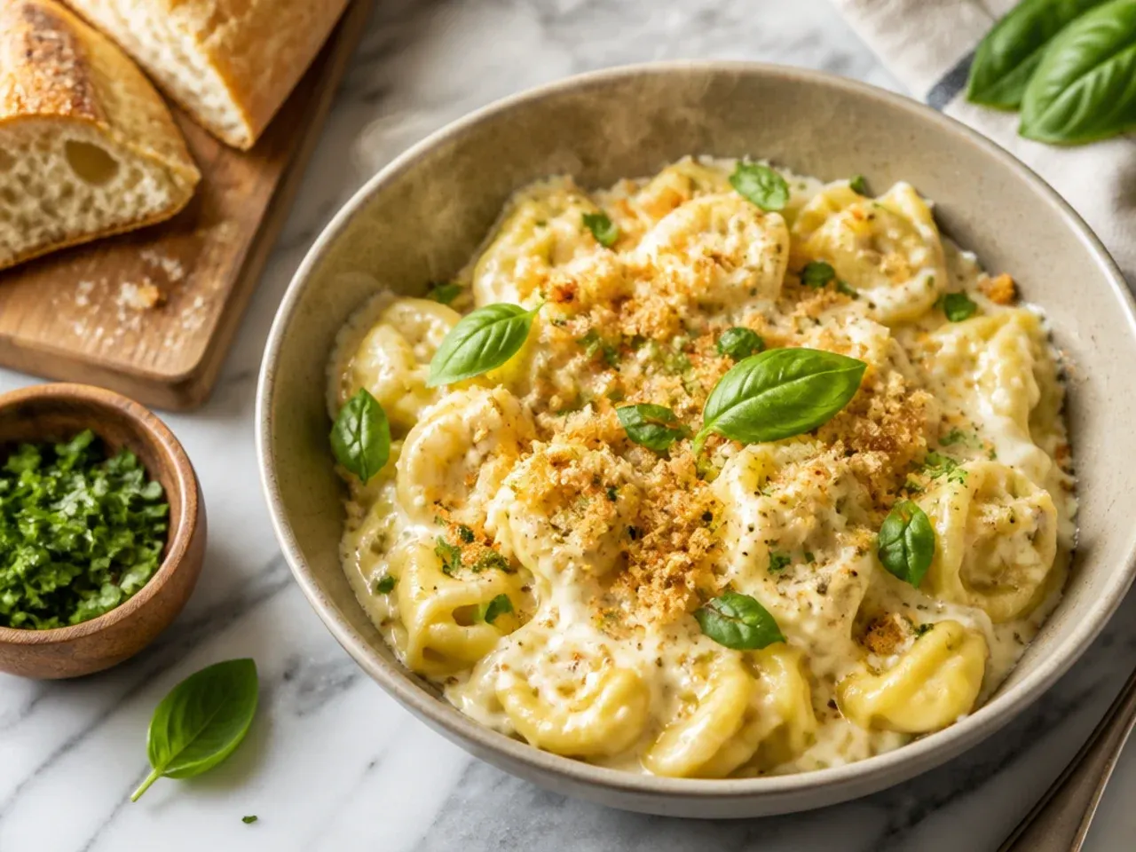 Bowl of simple three-cheese tortellini soup topped with melting mozzarella pearls