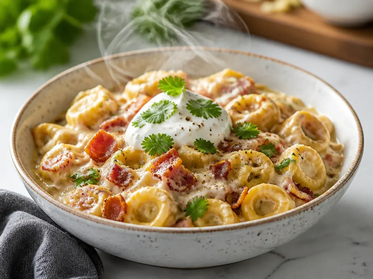 Creamy bacon ranch tortellini in a white bowl topped with crispy bacon bits and cheddar
