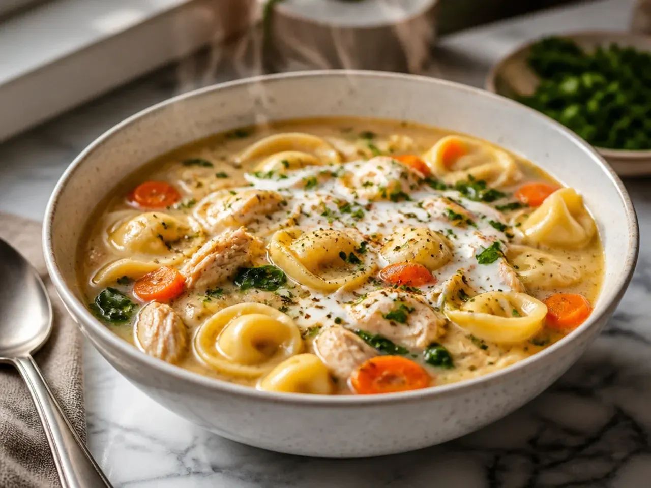 Chicken tortellini noodle soup with carrots and celery in a clear broth