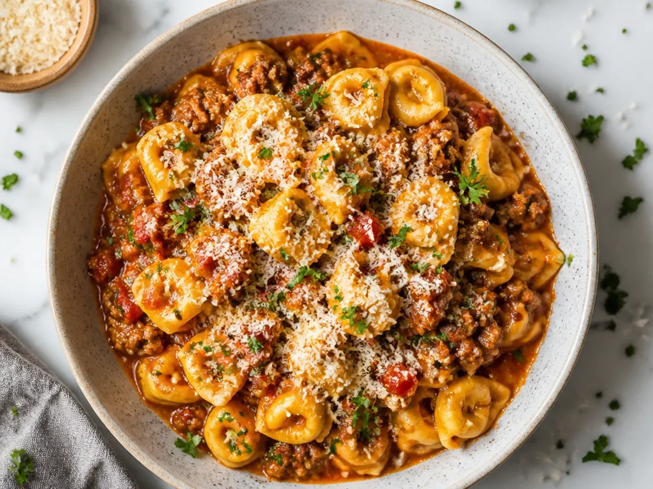 Simple budget-friendly ground beef and tomato tortellini soup in a rustic bowl