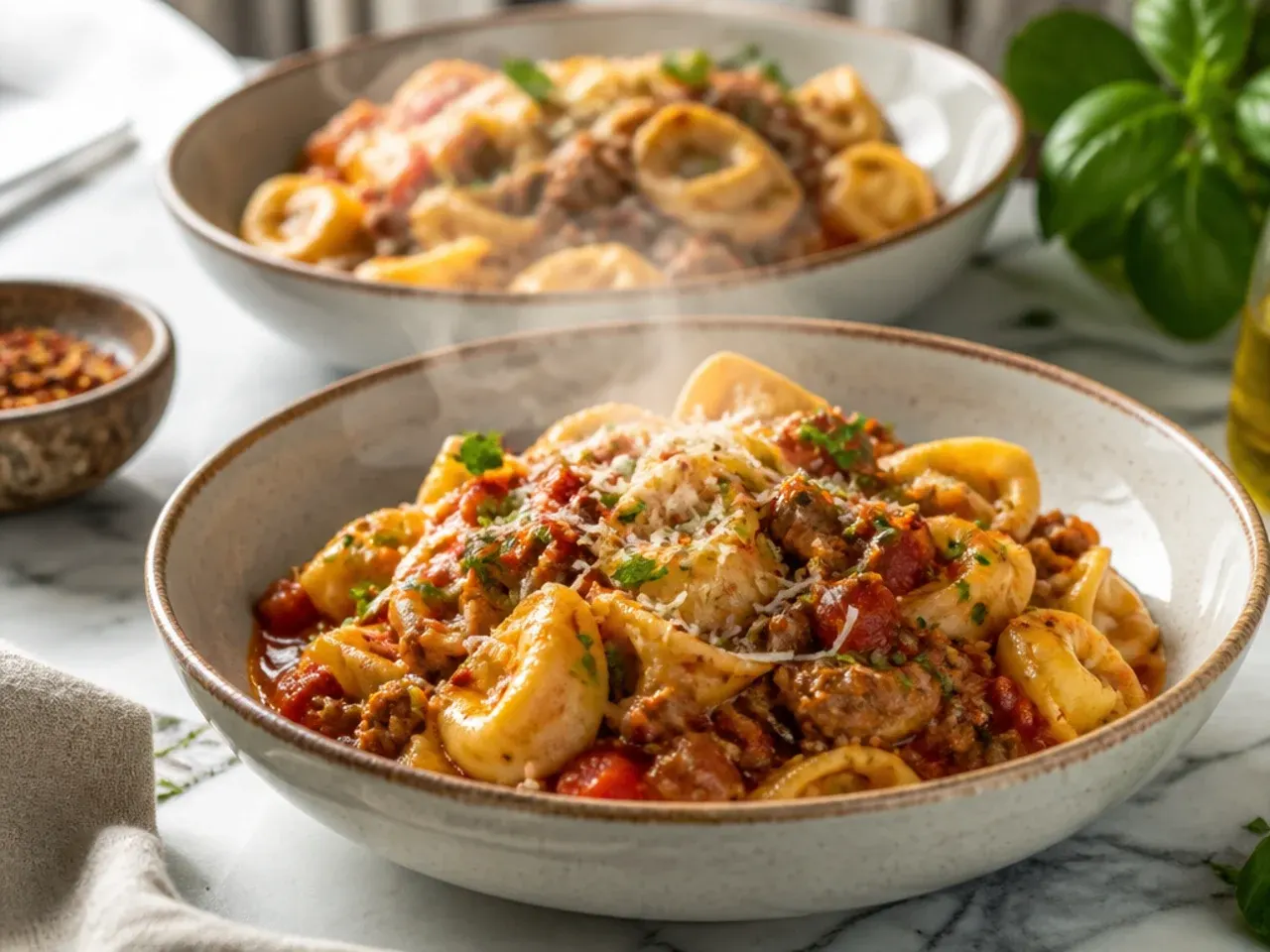 Steam rising from a slow cooker set to high with tortellini soup bubbling inside