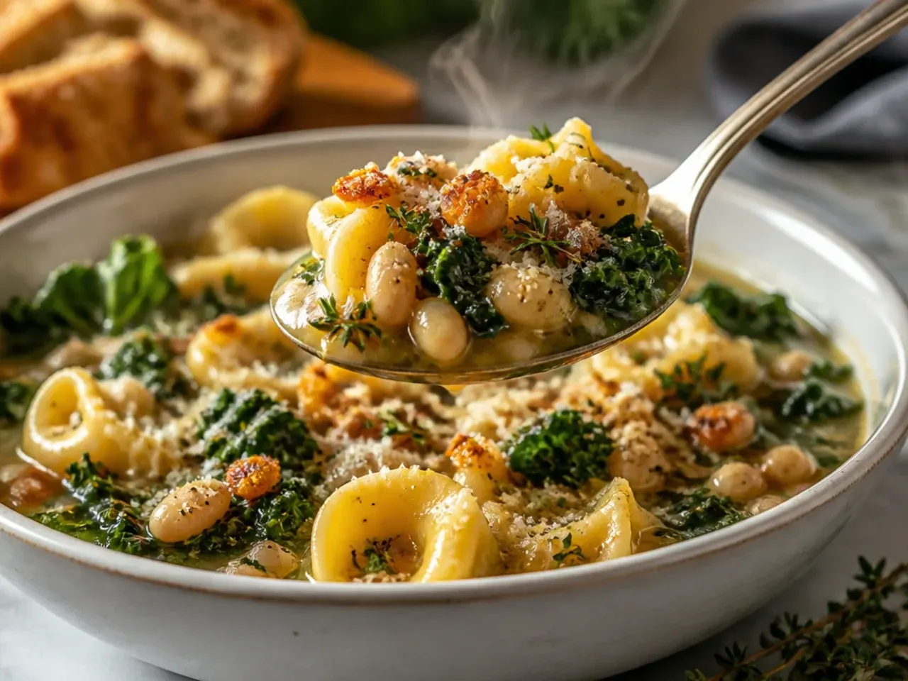 Rustic Tuscan tortellini soup with white beans, kale, and sun-dried tomatoes