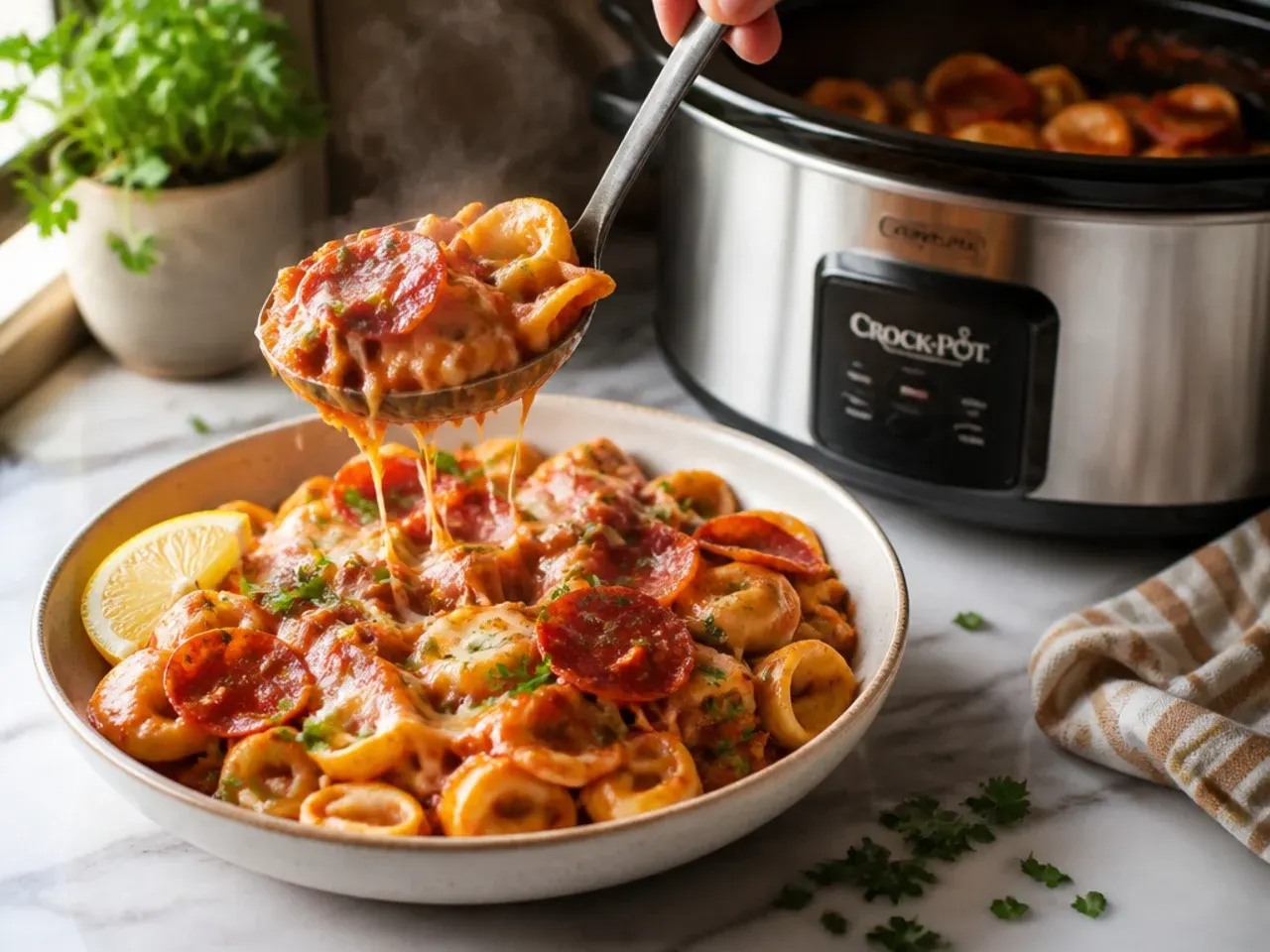 Loaded pizza-style crockpot tortellini with pepperoni, ham, olives, and melted mozzarella